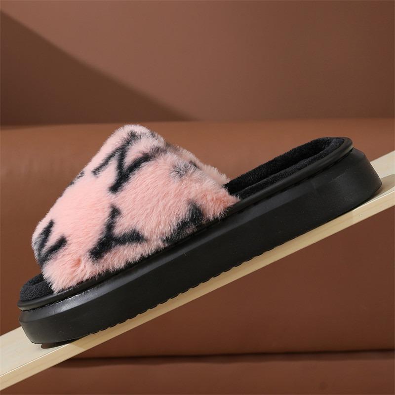 New autumn fluffy slippers women's thick bottom opening household indoor non-slip home plush cotton slippers