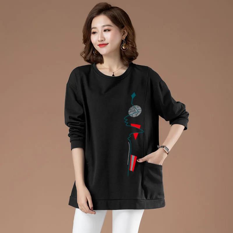 Spring Women Blouses Long Sleeve Print Element TShirts Casual Round Neck Ladies Tops Pullover
