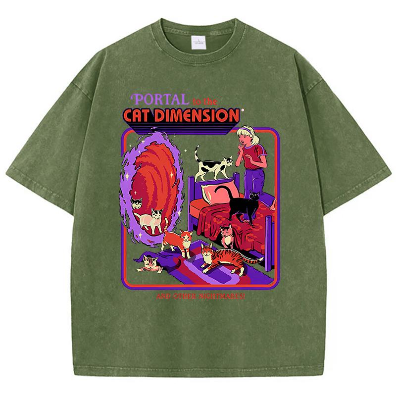 Portal To The Cat Dimension Washed Retro Men Clothes Fashion T-Shirts Streetwear Cotton Loose Tops Breathable Tee Couple