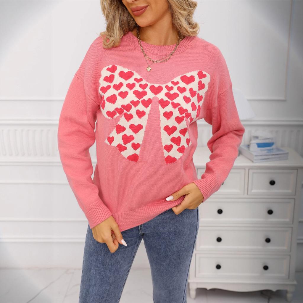 New Round-neck Long-sleeved Casual Top with A Bow and A Small Heart for Valentine's Day Knitted Sweater