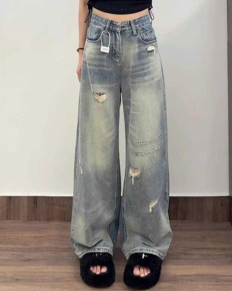 Comfortable Broken Holes Jeans Women Pear Shaped Body Large Size Skinny High Waist Loose Broad Leg Trousers Jeans for Women Long Denim Pants