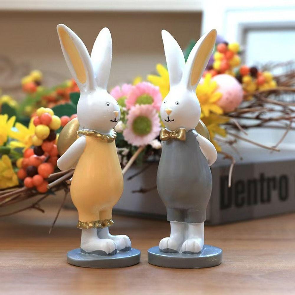 2pcs Gold Color Egg Animal Model Ornaments Hand-painted Easter Rabbit Figurine  Bedroom