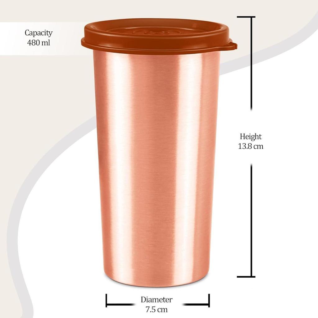 Kupfer Trinkbecher mit Deckel, 1 Stück, 480 ml, Kupfer | 100% auslaufsicher | Büro | Fitnessstudio | Yoga | Zuhause | Küche | Wandern