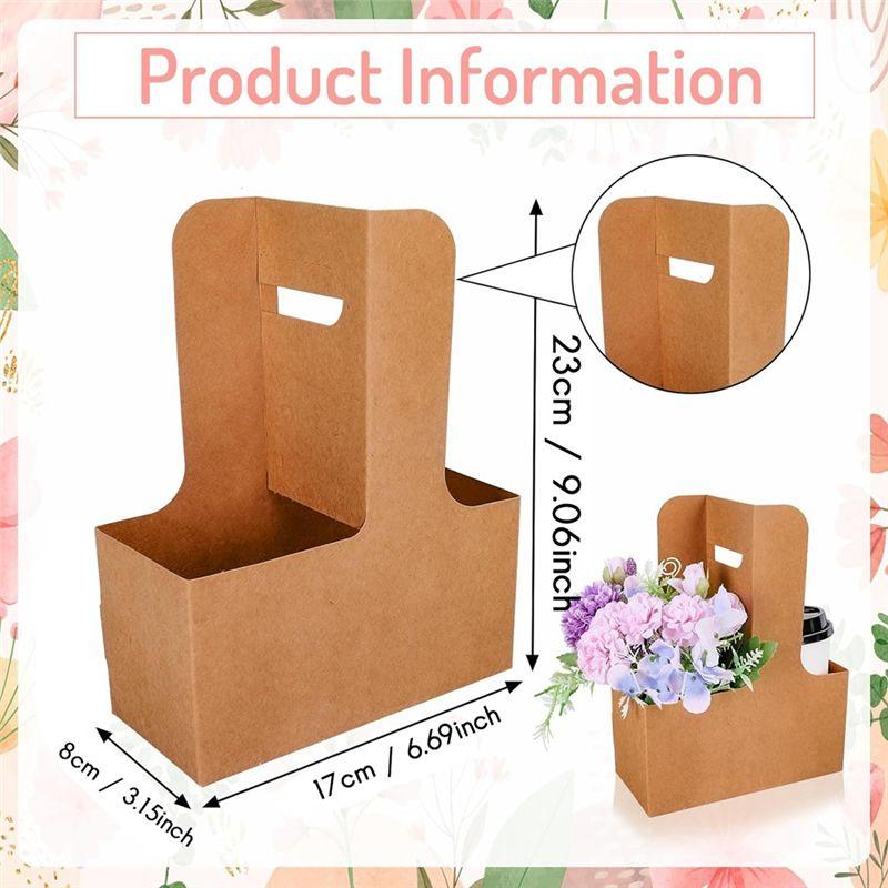 Good-Kraft Flower Gift Bags 25Pcs Drink Carrier With Handle To 2 Cup Rectangle Floral Wrap Packing Box Kraft Flower Holder