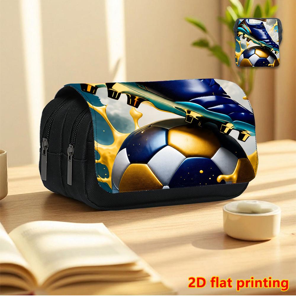 Cool Soccer-Themed 2D Printed Double-Layer Flip-Top Black Pencil Case - Back-to-School Essential Pencil Box, Daily Multi-Functional Makeup Bag, Large-