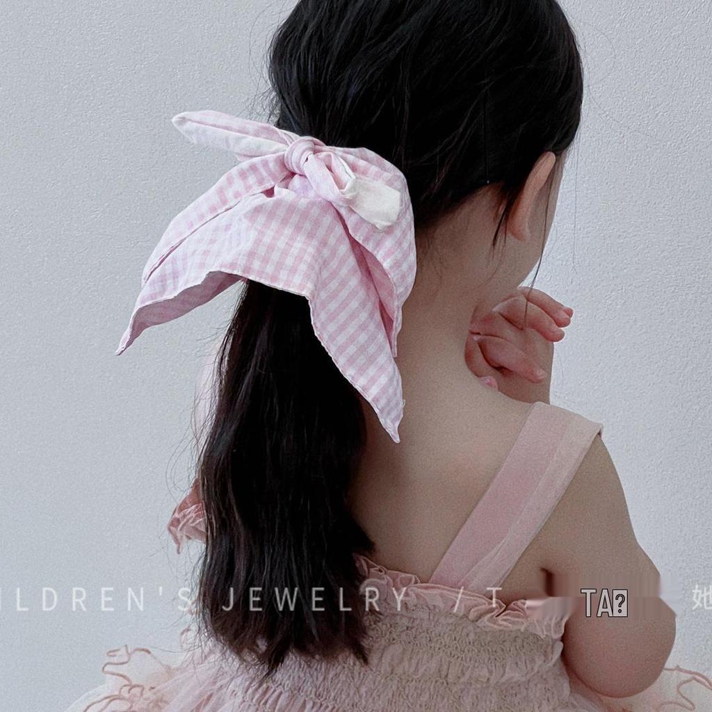 Blue Checkered Bow Scarf Scrunchie for Girls