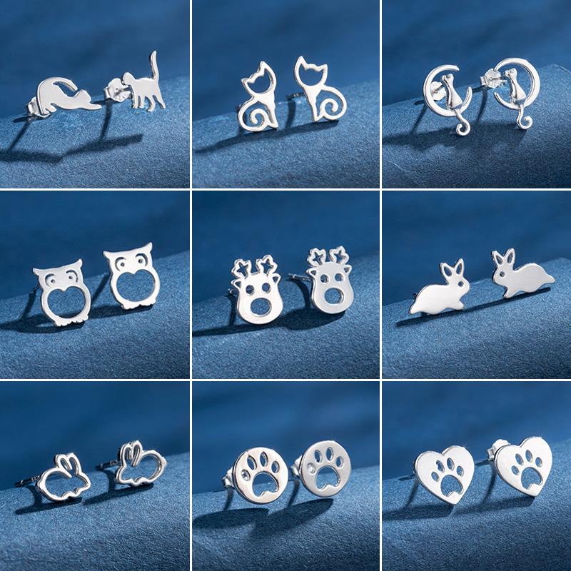 925 Sterling copper Small Animal Stud Earrings for Women Mini Dog Paw Piercing Earring Zircon Rabbit Owl Cat on Moon Pendientes