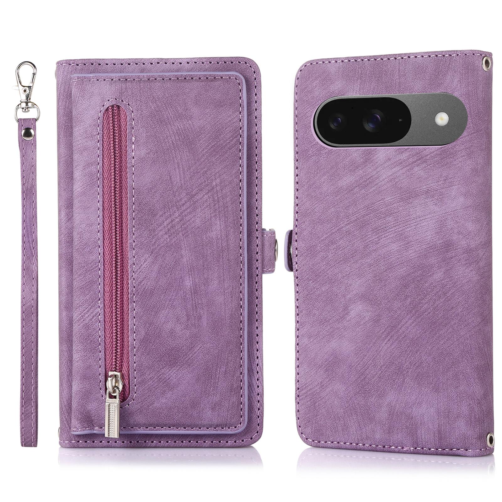

Phone Case For Google Pixel 10/10 Pro/9/9 Pro,Zipper Pocket 9 Card Slots PU Leather Cover with Wrist Strap Purple