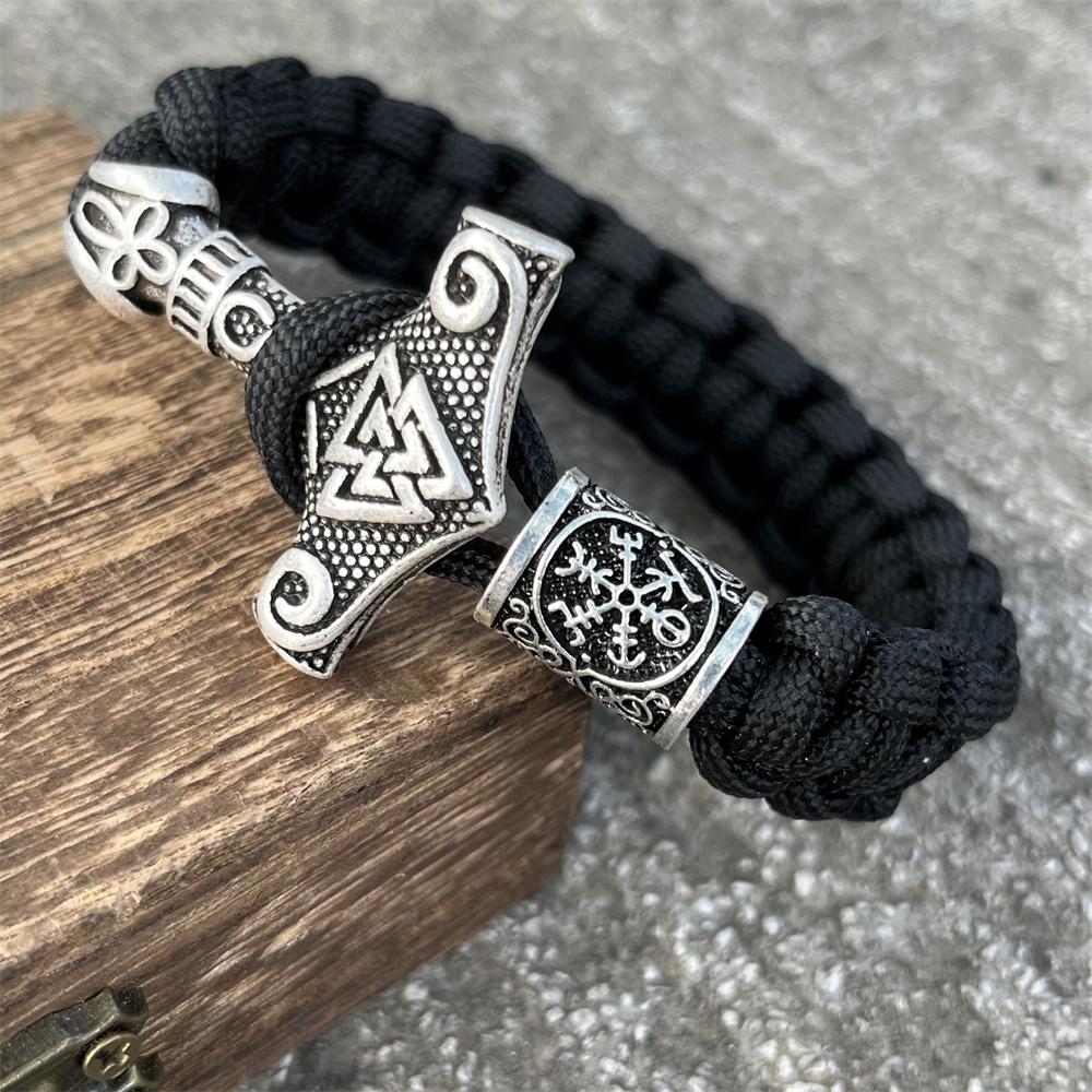 Viking Thor Hammer Valknut Vegvisir Runes Beads Jewelry Handmade Braided DIY Paracord Bracelet Mens Womens Accessories