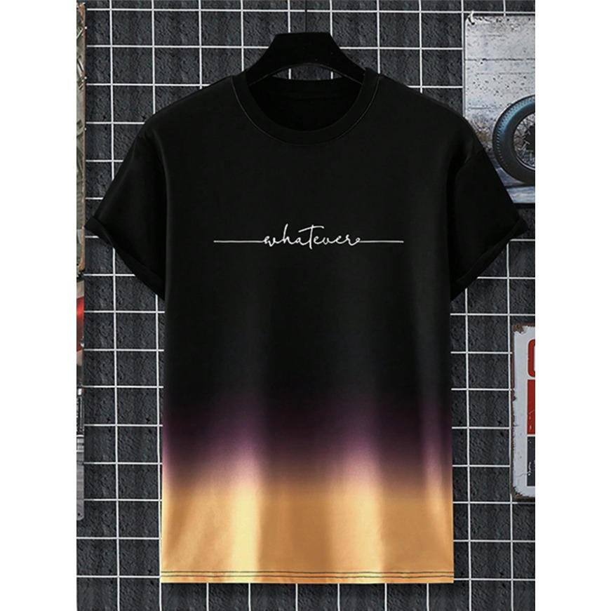 Gradient Letters Crew Neck Short Sleeve Alphabet Print T-Shirt Casual Weekend Wear for Men and Teens Vacation Resorts Spring/Summer/Fall