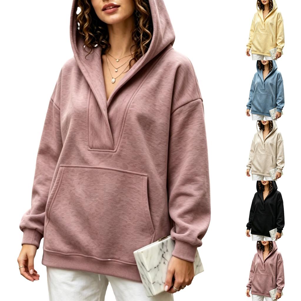 Felpa da donna casual con cappuccio e scollo a V, vestibilità larga