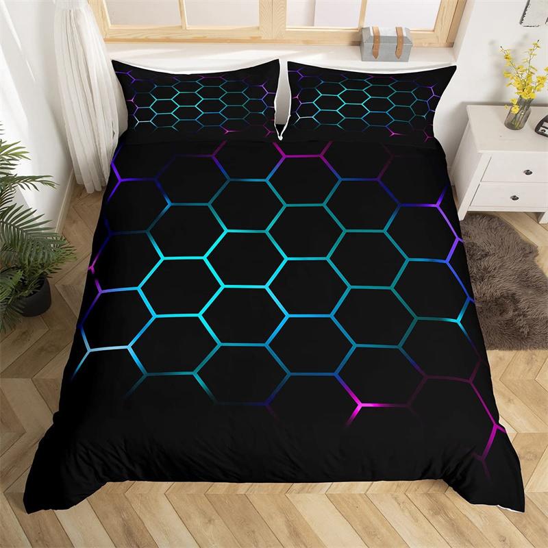 Boys Cartoon Honeycomb Duvet Cover Geometry Hexagon Bedding Set Twin King Polyester Colorful Grid Art Neon Decor Comforter Cover
