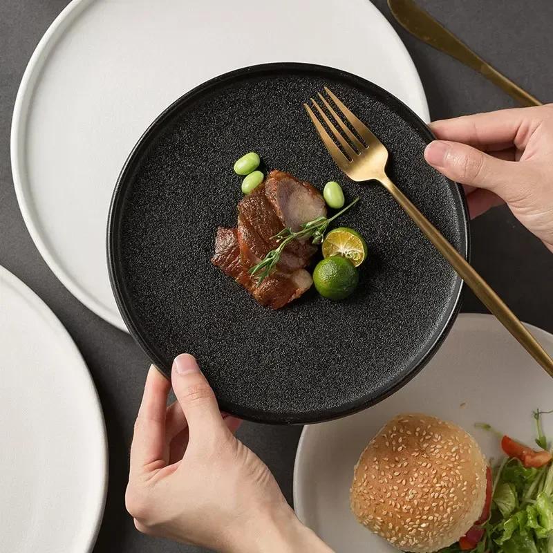 Japanese Style Quicksand Steak Plate 8 Inch Non Slip Household Western Food Pasta Tableware Restaurant Black Frosted Flat Plates