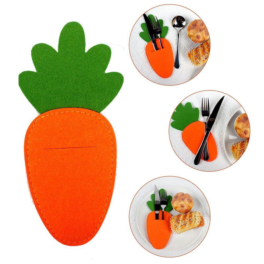 5pcs Cute Easter Cutlery Holder Bags Carrot Shape Reusable Cutlery Storage Bags Felt Silverware Organizer Bag Party Favors