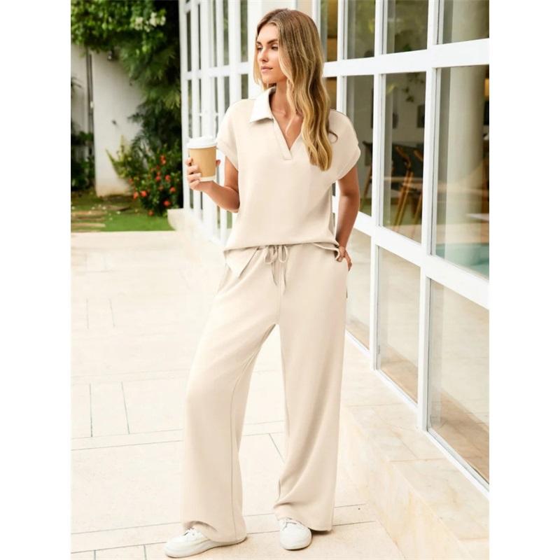 

Женский летний повседневный костюм, свободный топ с V-образным вырезом и короткими рукавами, с кулиской, эластичная талия, расклешенные брюки, костюм-двойка L абрикосовый