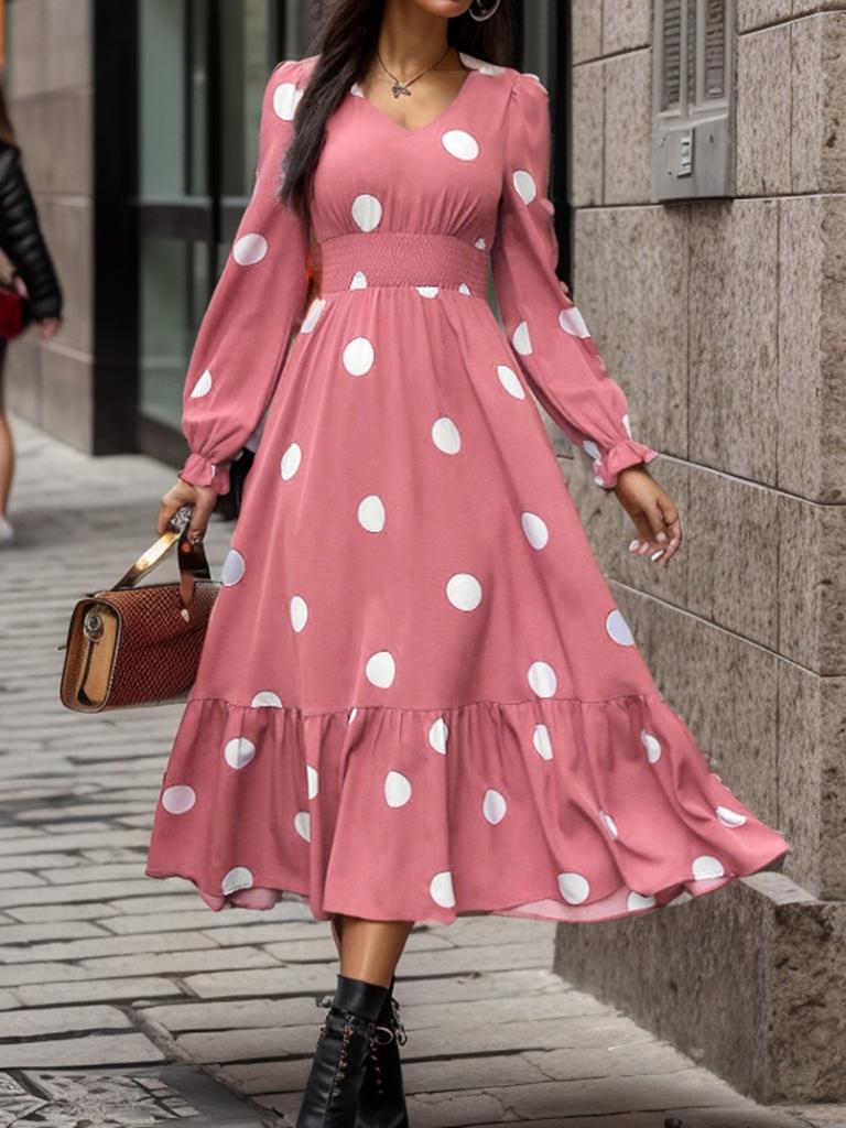 New Women's Clothing 2025 Spring Fashion Polka Dot Printing V-neck Long-sleeved Pendulum Dress