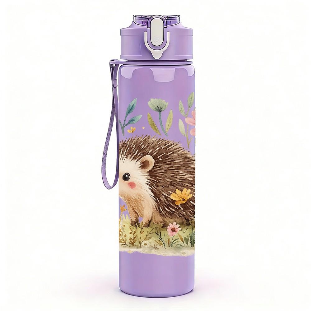 1PC Hedgehog Wildflower Floral Print 750ml Color Plastic Sports Water Bottle Leakproof Flip Straw Lid Suitable for Sports Office Home Use