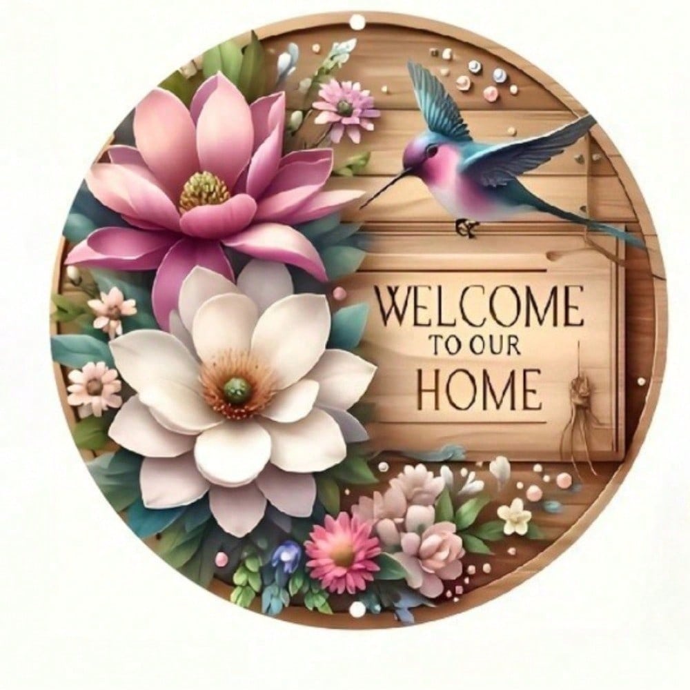 Welcome Home Metal Yard Sign 2D Round Iron Bird Flower Garden Decor Outdoor Patio Porch Wall Art 8x8 Inch