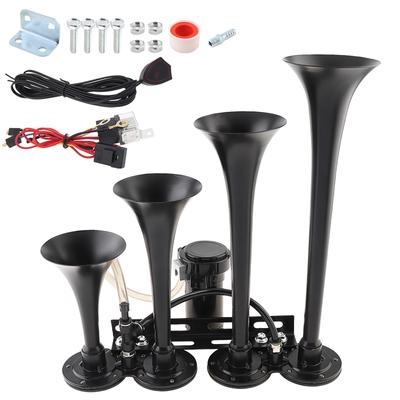12V 185dB Super Loud Four Trumpet Musical Air Horn with Compressor Switch Button Black for Cars Trucks Boats Motorcycles
