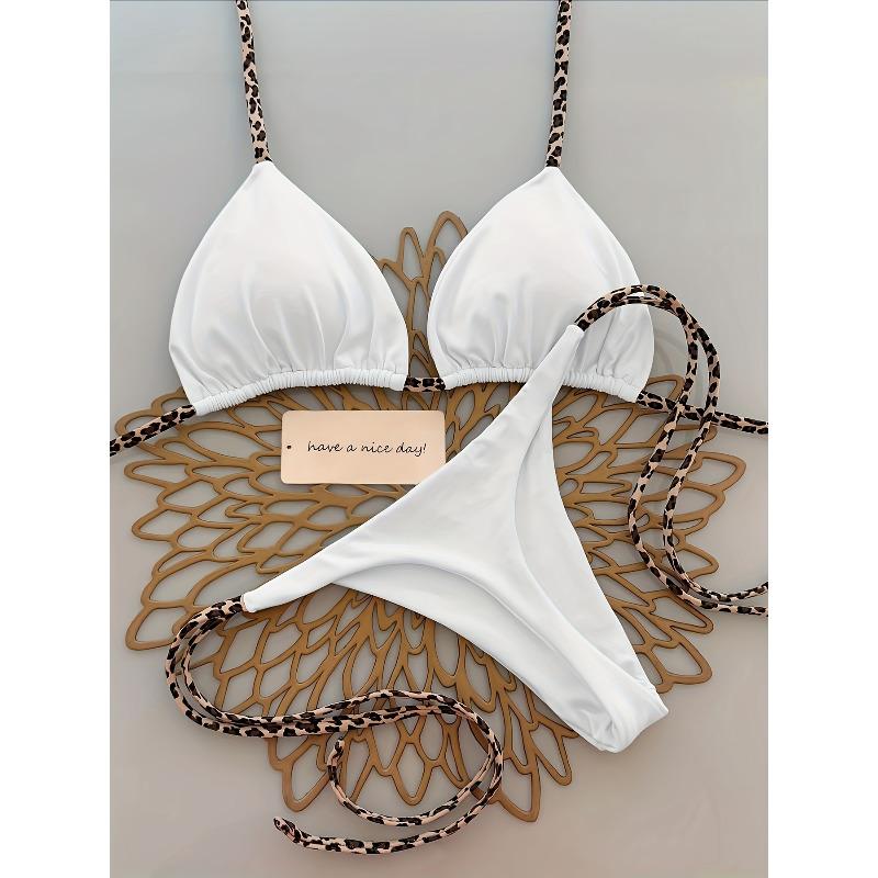 Ladies' Fashionable Leopard Print Bikini Swimsuit - Tie String Triangle Top & Thong Bottom Set, Sexy Beach Vacation Outfit
