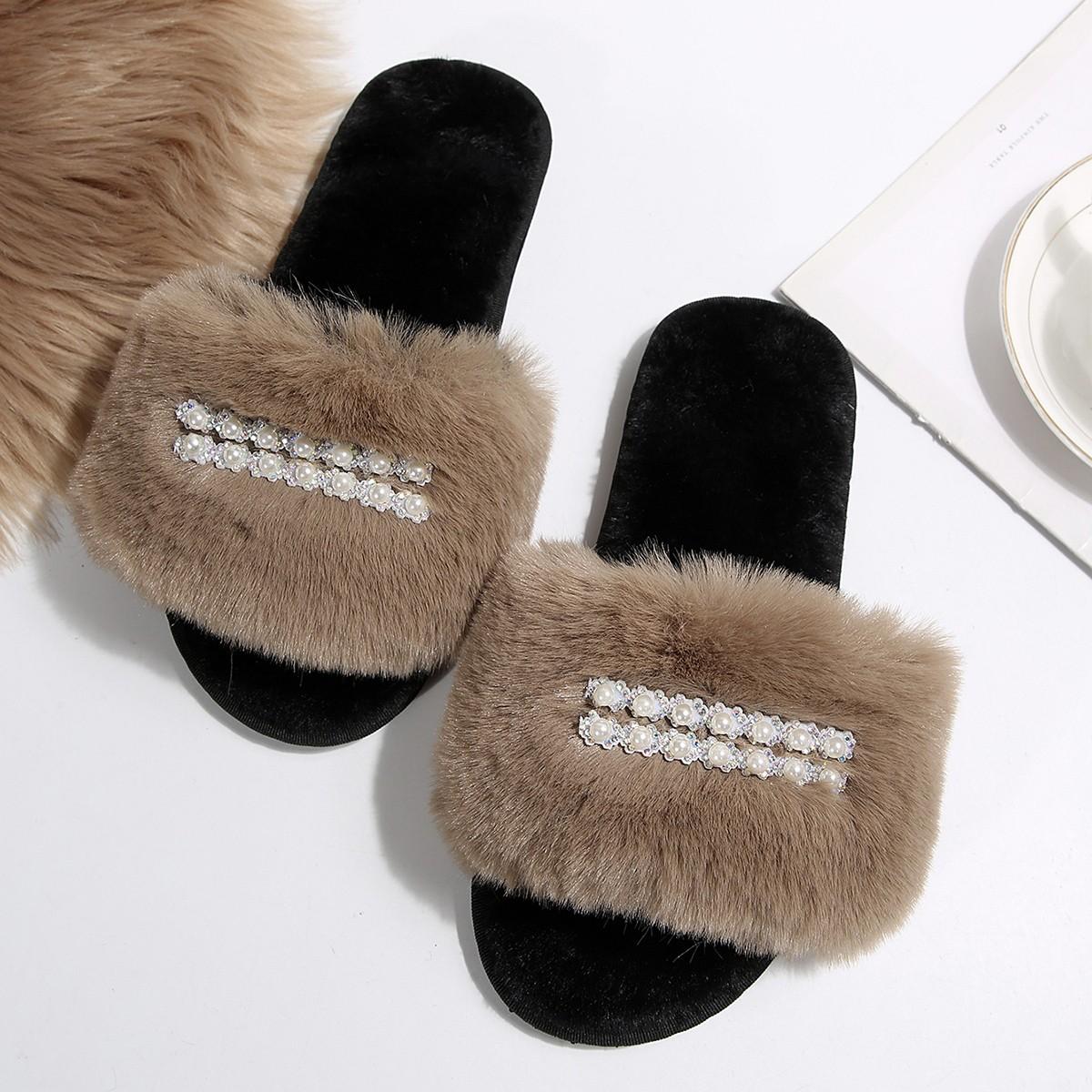 

Fashion Luxury Lace Pearl Decoration Faux Fur Slides Women 2025 Winter Warm Long Plush Furry Slippers Fashion Soft Thick Bottom Slippers 36-37 хаки