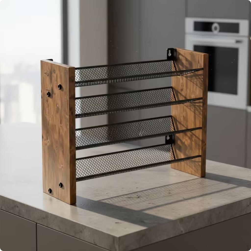 4Tier Spice Rack WallMount with Wooden Panels Freestanding Seasoning Shelf for Cooks,