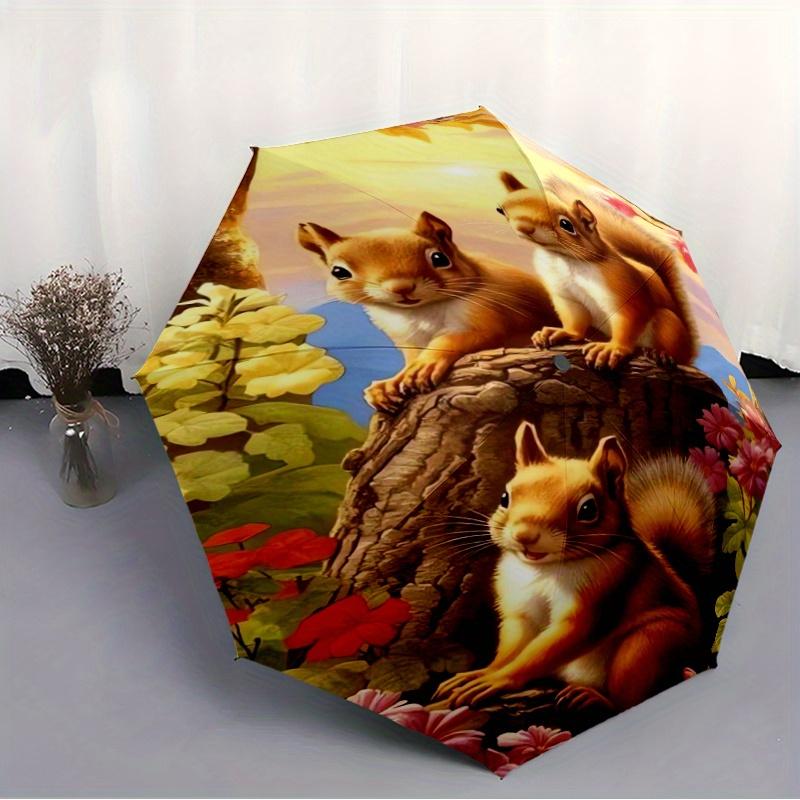 Automatic Open/Close Umbrella with Shield & - Cute squirrels, Floral tree stump, Sunset design - Sturdy 8-Rib Construction for