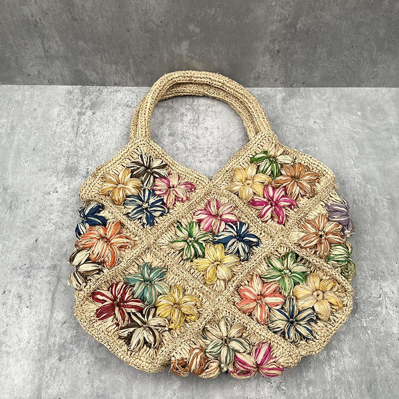 Handmade Crochet Flower Straw Bag Bohemian Raffia Beach Bags for Women Handbag Summer Travel Woven Shoulder Bag Cue Shopper Tote