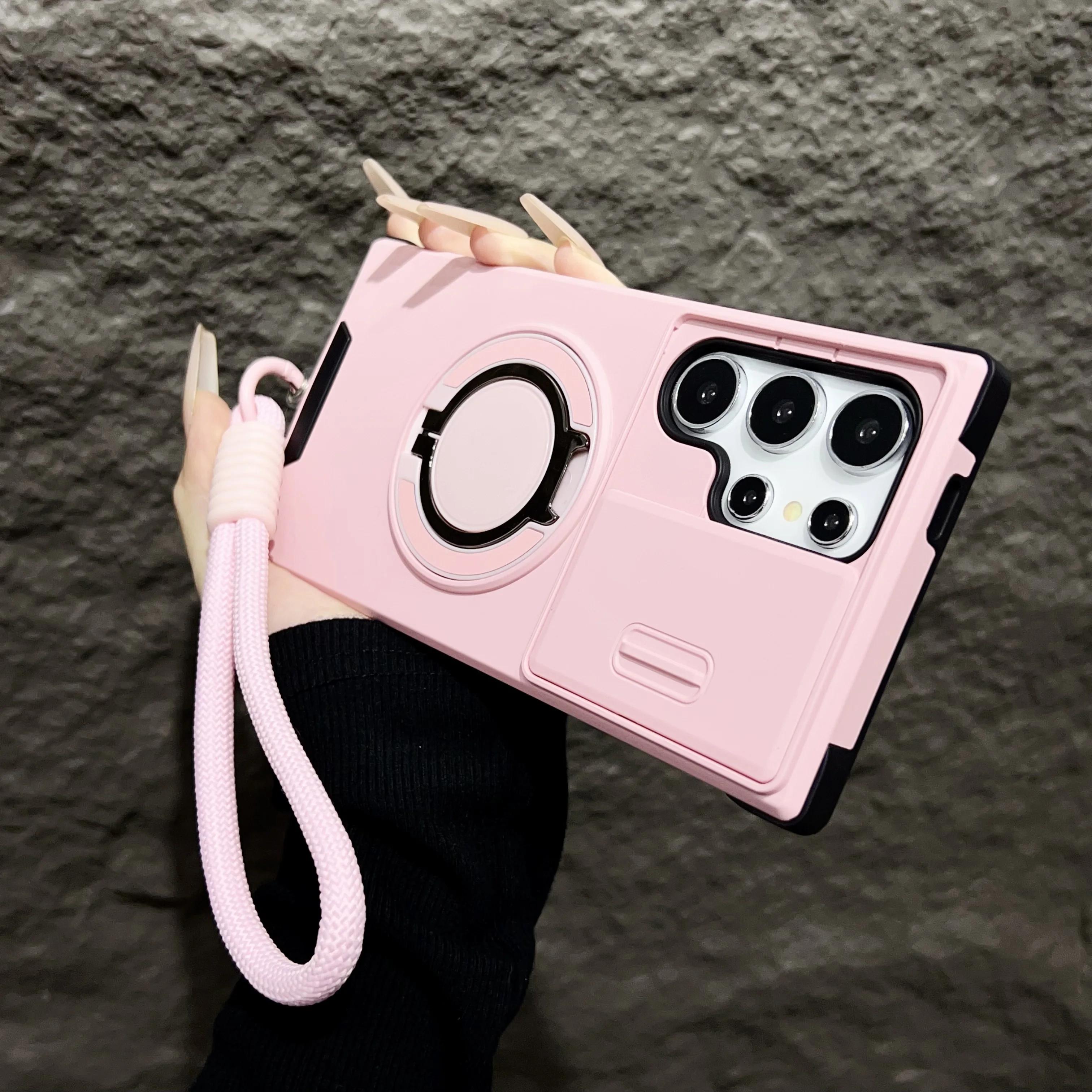 

Чехол Armor Magnetic Bracket Case для Samsung Galaxy S25 S24 S23 S22 S21 Ultra Plus с выдвижным шнурком для камеры, защитный противоударный чехол For Galaxy S25 Ultra&Case & Strap розовый