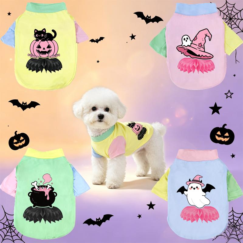 1 Pc Halloween Pet Shirts Cute Ghost Pumpkin Print T‑Shirt Cats & Dogs Costume Festival Apparel For Party Cosplay