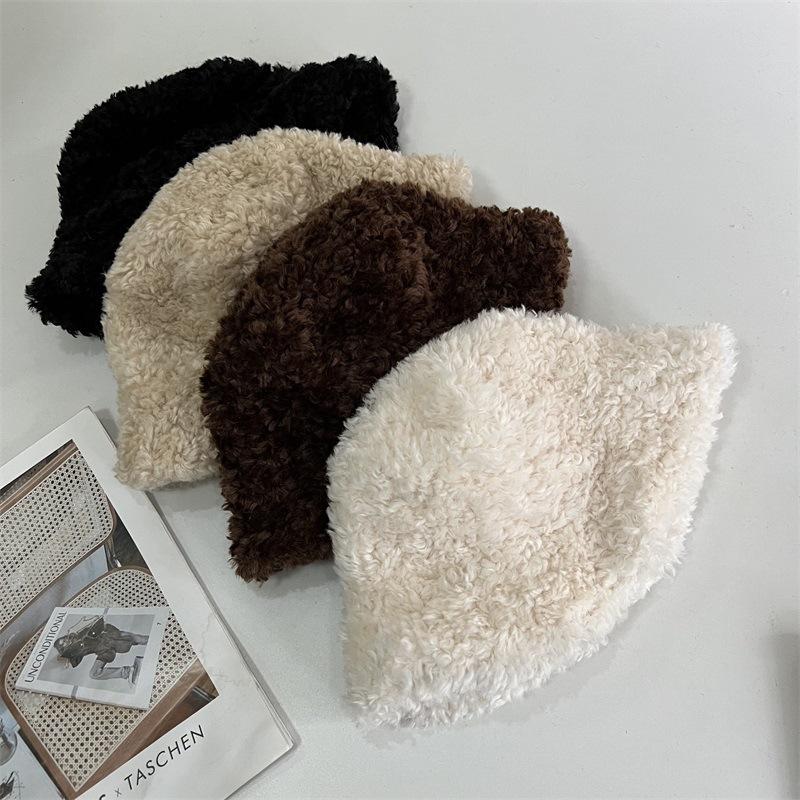 

Autumn and winter show face little lamb wool wide brim fisherman hat children solid color versatile warm plush water M（56-58cm） темно-коричневого кольору