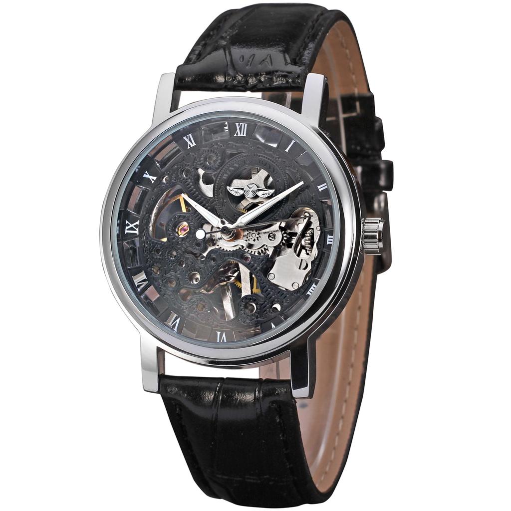 Reloj de Pulsera Mecánico de Cuerda Manual Fashion Winner para Hombre, Estilo Steampunk Esqueleto, Correa de Cuero Casual, Reloj de Pulsera de Gama Alta