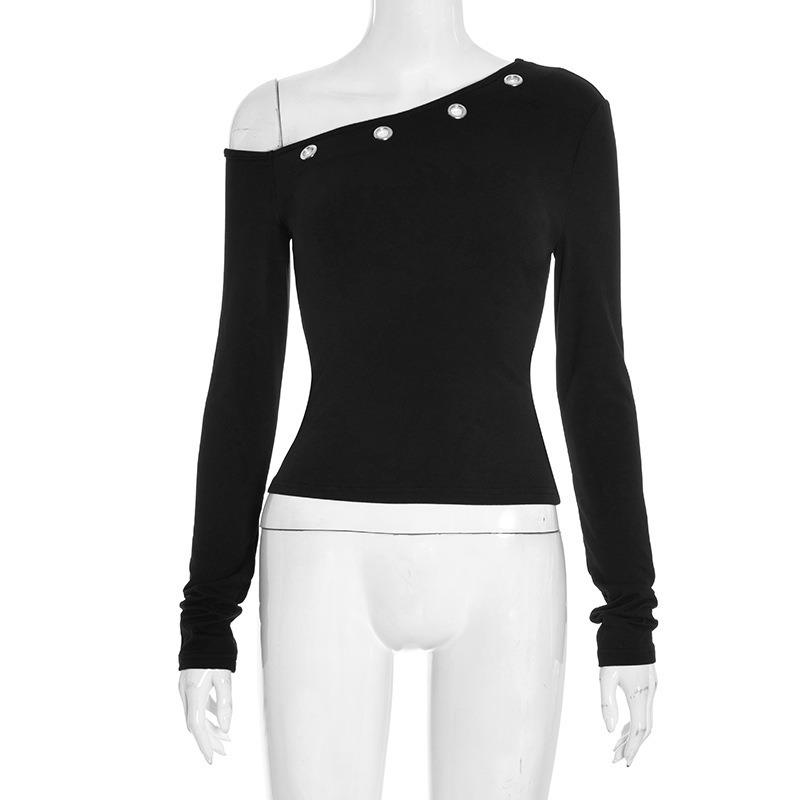 2026 Casual Diagonal Neck Long Sleeve Off The Shoulder Womens Blouse Spring Solid Color Crop Tops Streetwear T-shirt Slim Fit Short Shirt
