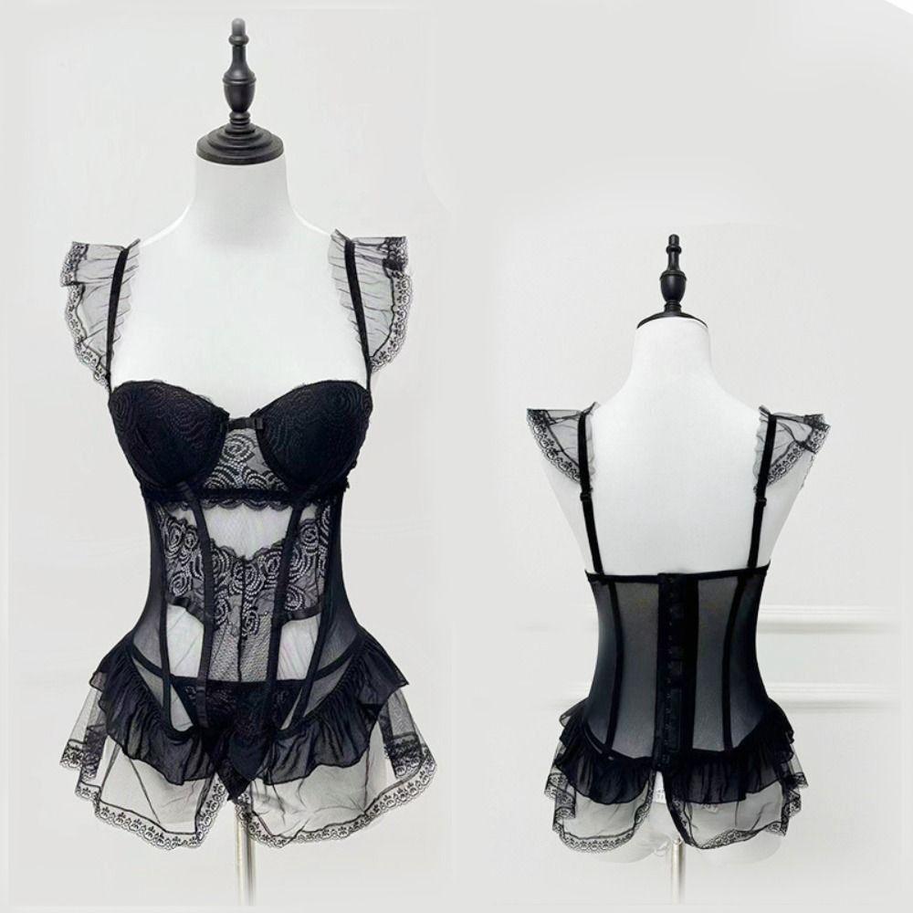 Ruffle Camisole Nightwear Transparent Mesh Nightdress Comfortable Lace Nightgown  Home