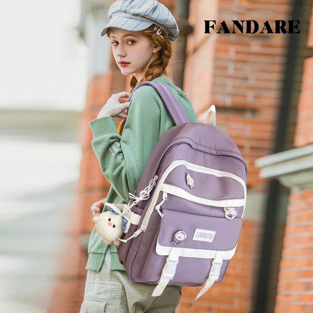 FANDARE Women's Korean Backpack, Large Capacity, Lightweight, Cute with Charm, 15.6-inch Laptop Storage, Back Pocket, Waterproof Nylon, Purple, for