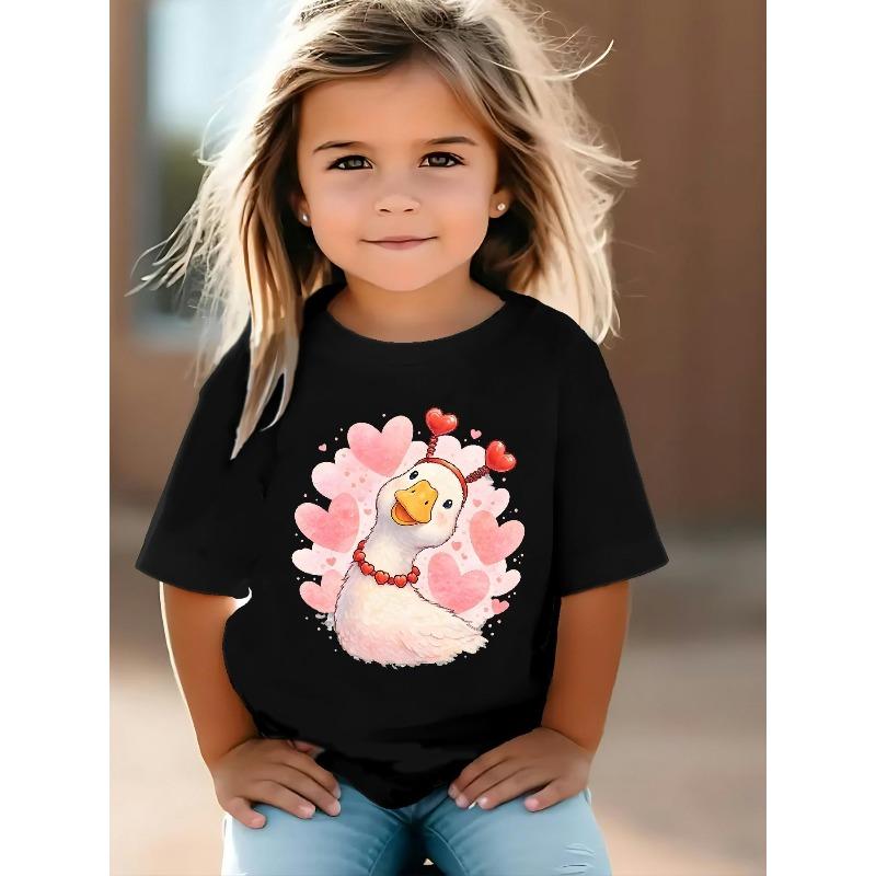 European Size Girls Round-neck Short-sleeved T-shirt with Cartoon Duck Pattern Print 98cm чёрный
