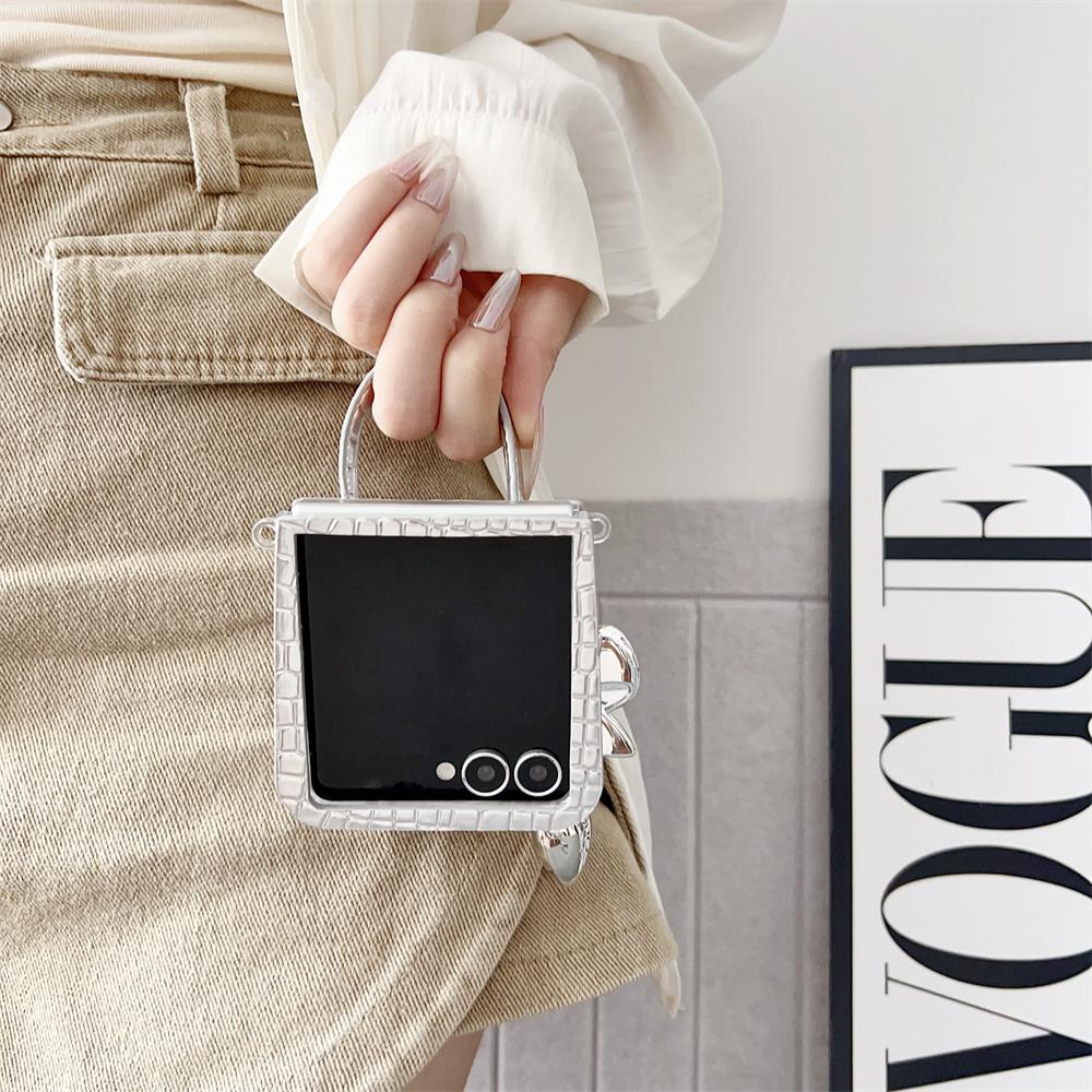 For Samsung Galaxy Z Flip7 5G Case Handbag Crocodile Texture Leather+PC Phone Cover with Bow Heart Pendant