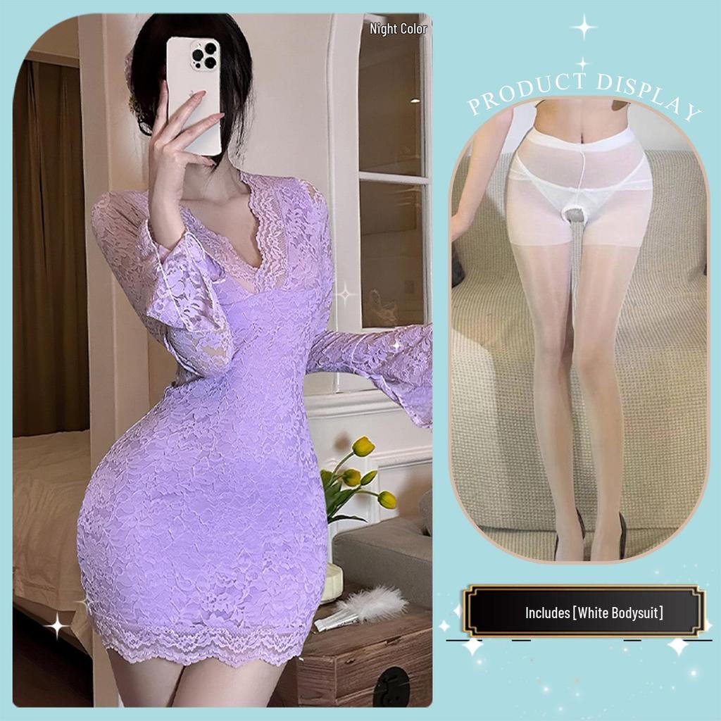 Jin Xiao Sexy French Lace Bell Sleeve Purple Dress with Slimming Waist and Hip-Hugging Design.