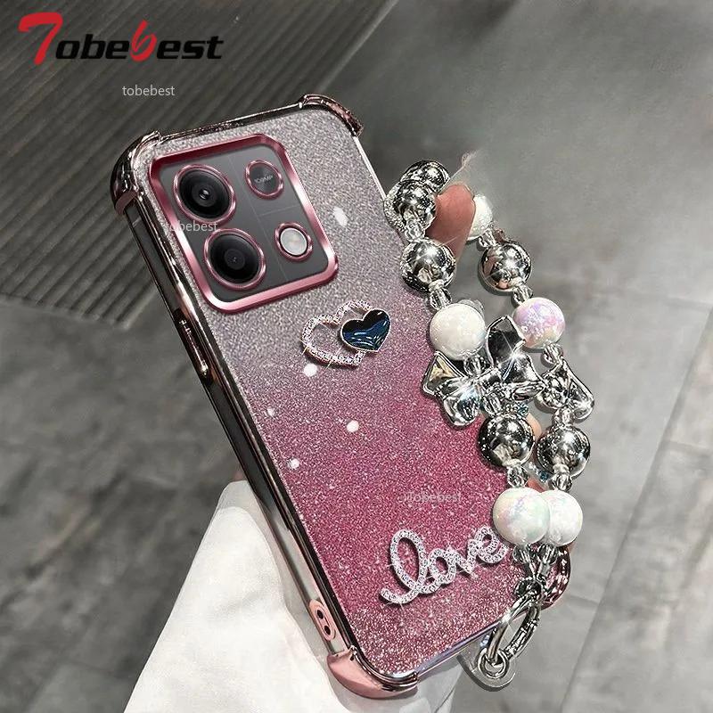 3D Love Shockproof Glitter Plating Bead Bracelet Case for Xiaomi POCO X6 X5 X3 NFC M3 F5 F4 F3 Pro Silicone Cover
