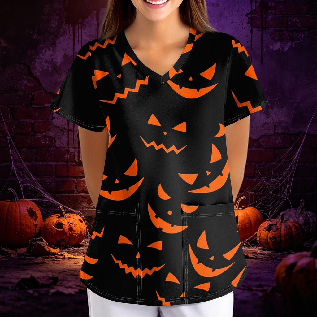 Women's Halloween Print Loose V-Neck Short Sleeve Pocket Uniform Top Scrub Costume Cosplay for Adult Women