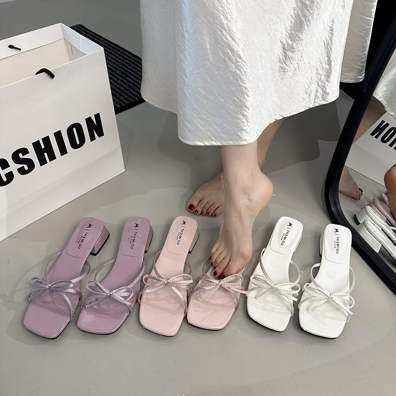 Low-heeled Bow Slippers Women's Summer Wear New with Skirt Temperament Sandals Open-toe Sandals