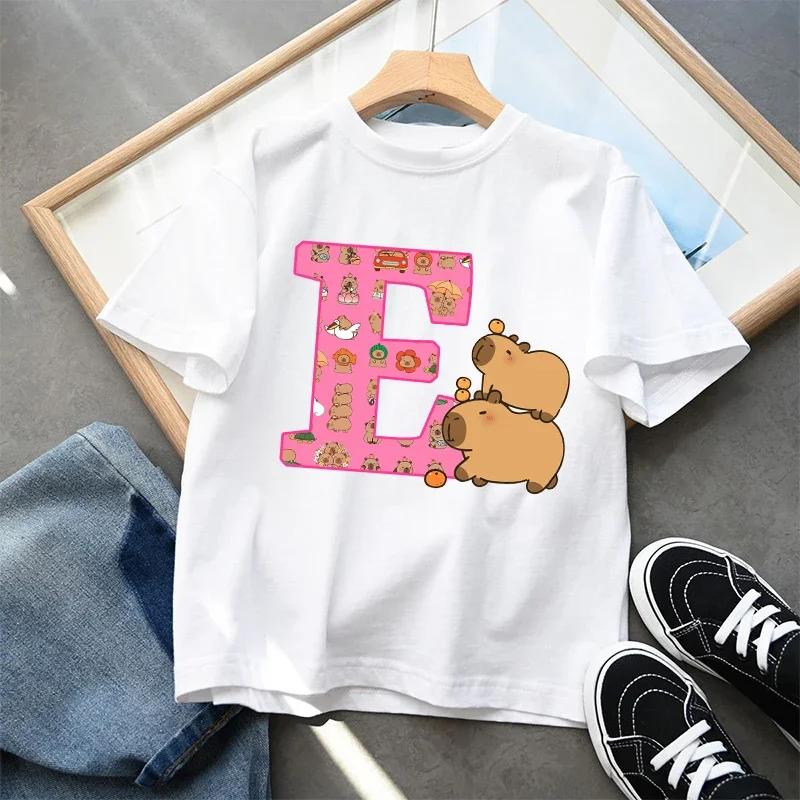 New Capybara Kids T-shirt Cute Cartoon Capibara A-Z Letter Cotton Tee Shirt Girls Summer Short Sleeve Tops Child Clothes Gifts