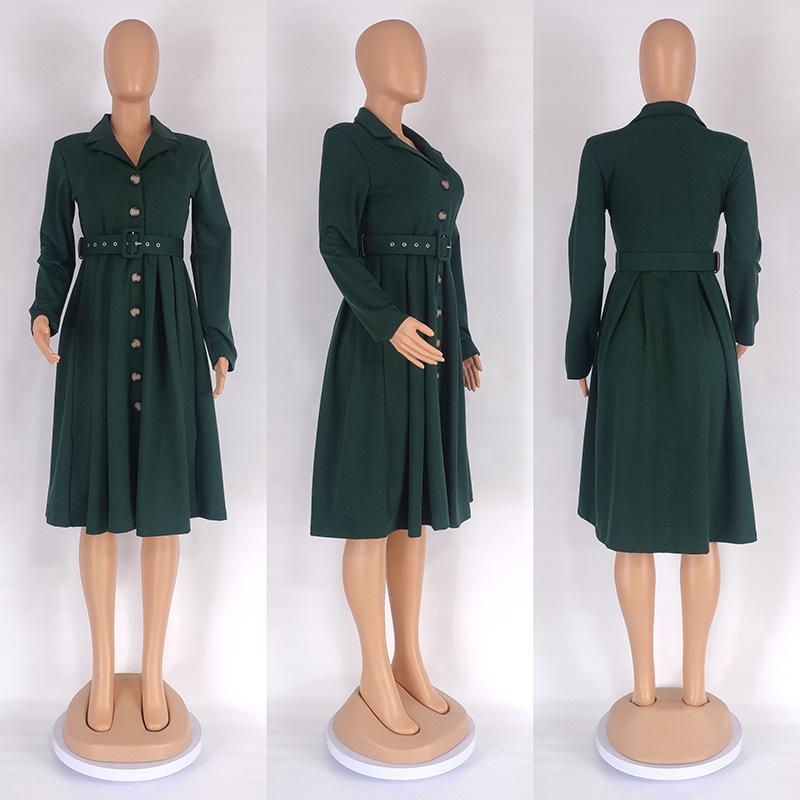 Solid Color V-Neck A-Line Dress with Belt, European & American Style, Plus Size, African Women