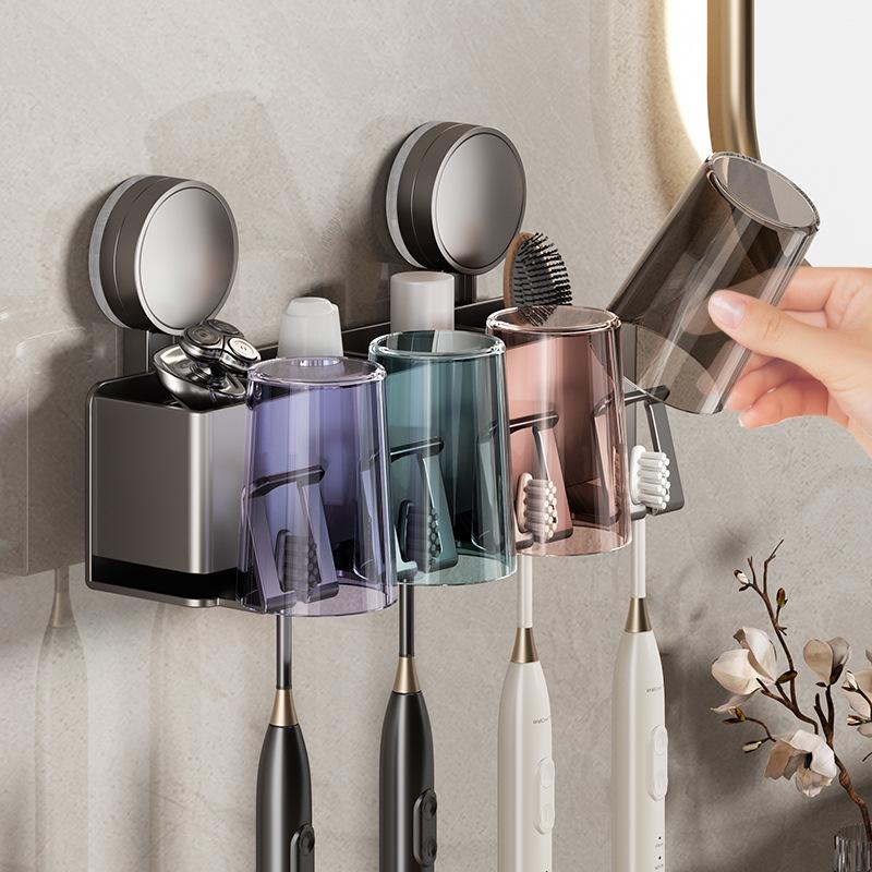 Wall-Mounted Suction Toothbrush & Toothpaste Holder with Aluminum Storage Shelf