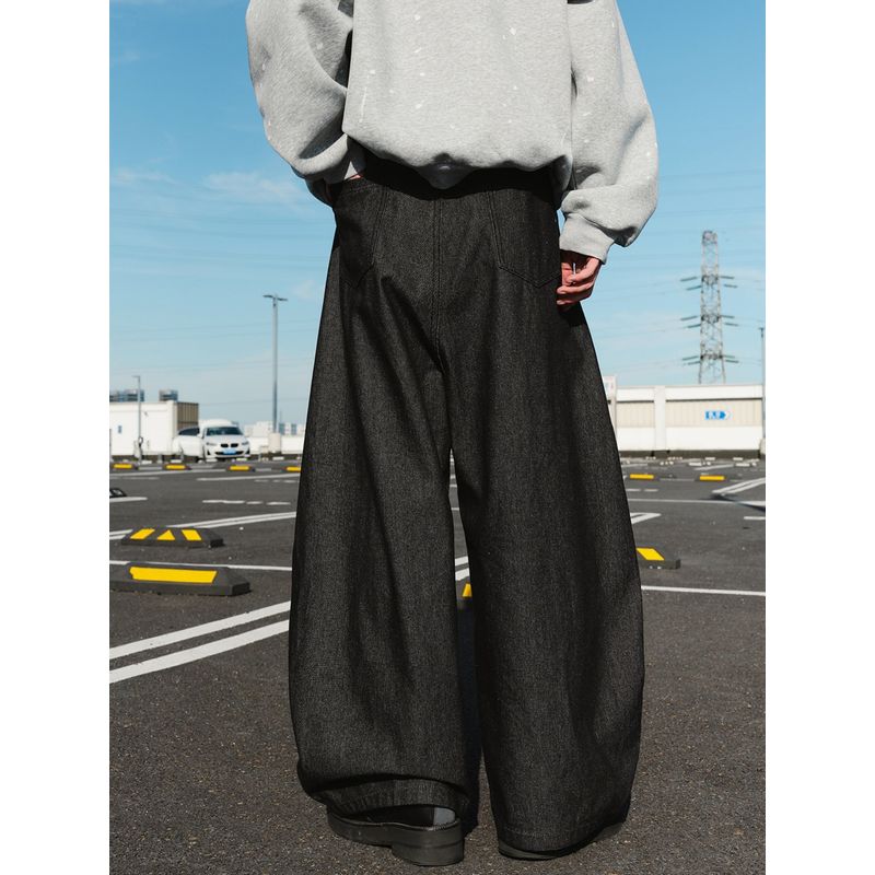 Wassup Trendy Retro Distressed Pure Black Scimitar Jeans for Men and Women, American Hip-Hop Style, Drapey Wide-Leg Long Pants