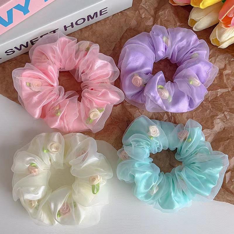 Rose Large Fat Intestine Hair Band Double-Layer Organza Head Flower Hair Band High Value Ponytail Hair Accessories