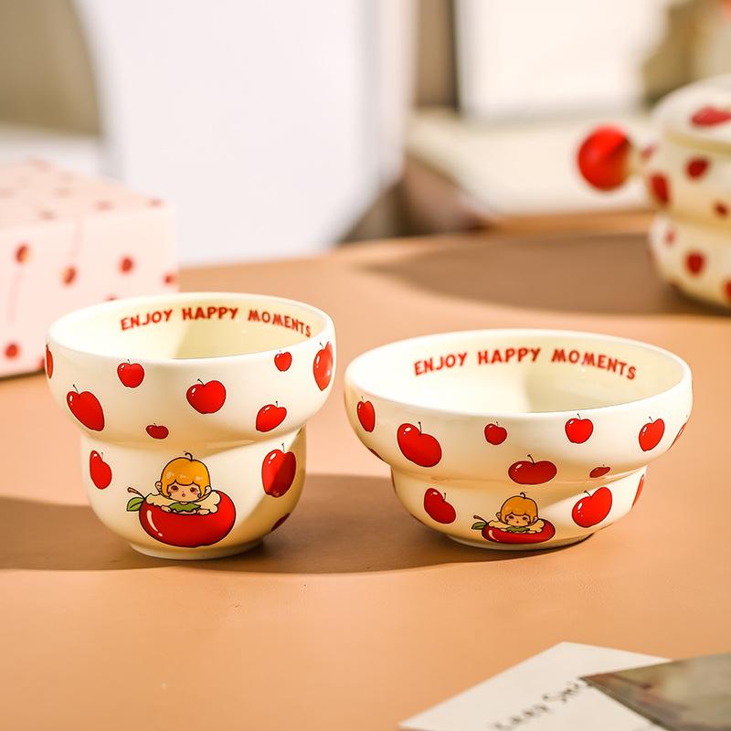 Japanese Milk Whirring Cute Cartoon Illustration Cream Ceramic Gourd Bowl Sweet Taste Bowl Cereal Salad Bowl Hand Cup