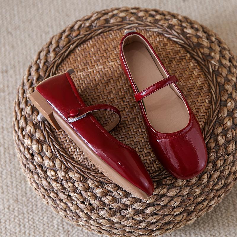 Spring and Autumn Mary Jane Small Leather Shoes Women's Summer New Wedding Burgundy Flats French Low Heel Single Shoes