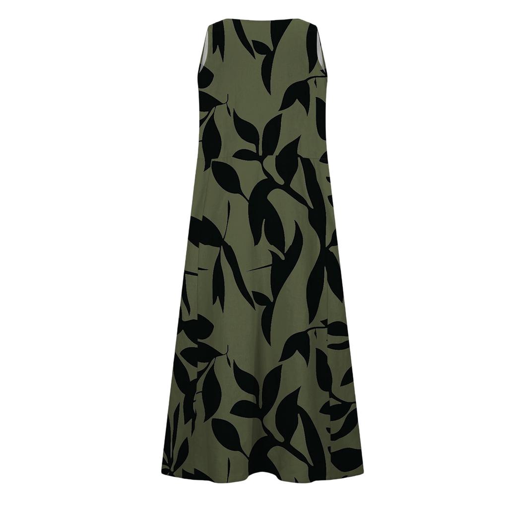 Women's Fashion Round Neck Sleeveless Pleated Beach Dress With Pockets Long Floral Dresses