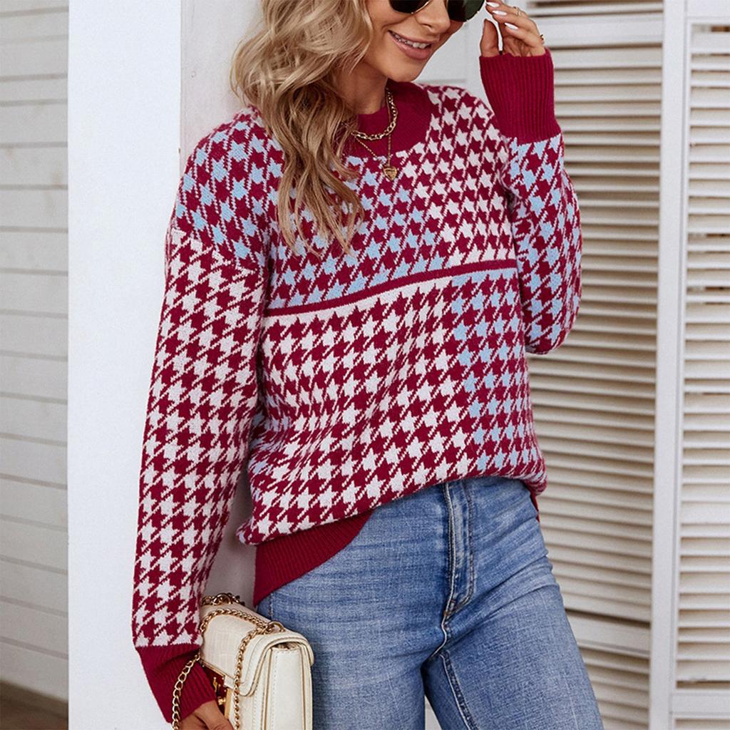 Ladies Fashion Casual Loose Knit Contrast Houndstooth Pullover Sweater